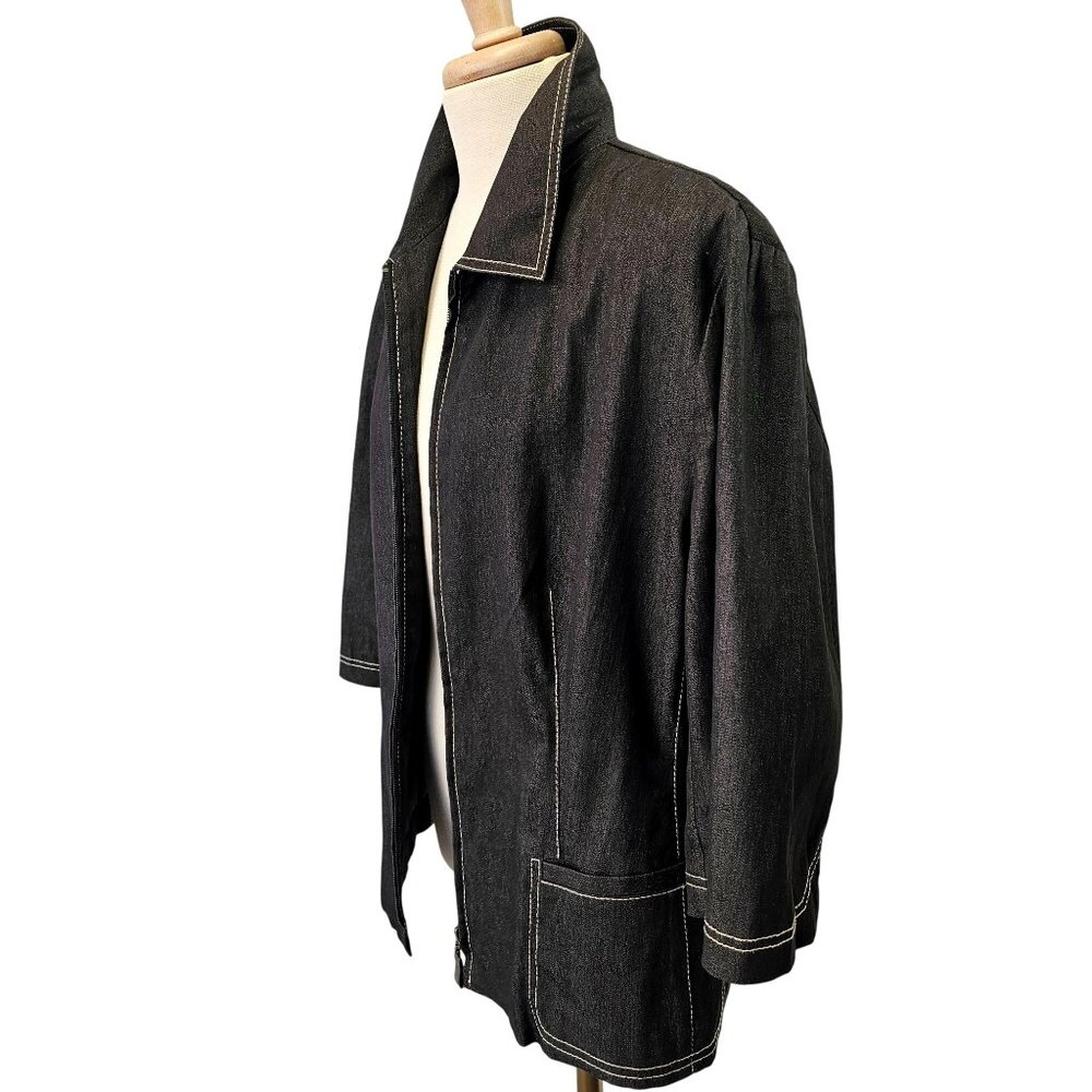 Peter Nygard Stretch Black Denim Jacket Womens 14 Full Zip 3/4 Sleeve Pockets